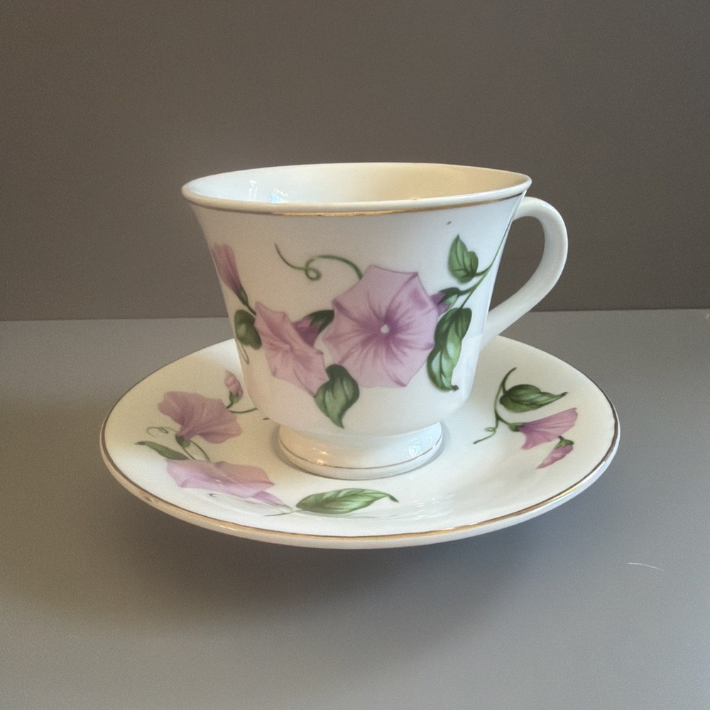 Vintage 1990's Teleflora Gift Tea Cup& Saucer- Floral Morning Glory Pink